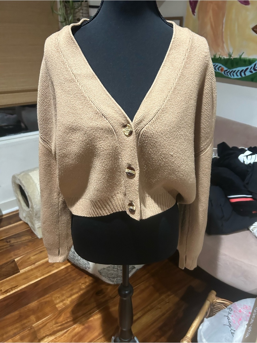 DISSH Cropped V-Neck Button Cardigan - Camel